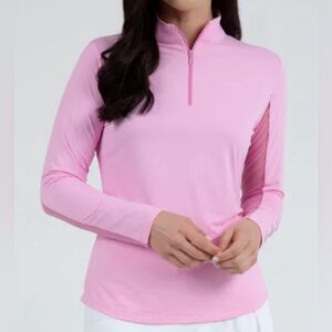 IBKUL WOMEN'S LONG SLEEVE MOCK NECK 1/4 ZIP TOP- CANDY PINK LARGE